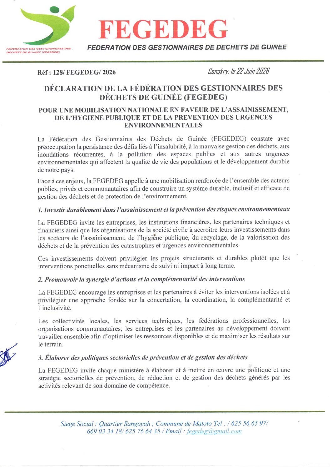 Gestion des déchets: Déclaration de Conakry : La FEGEDEG appelle à une mobilisation nationale pour l’assainissement et la protection de l’environnement